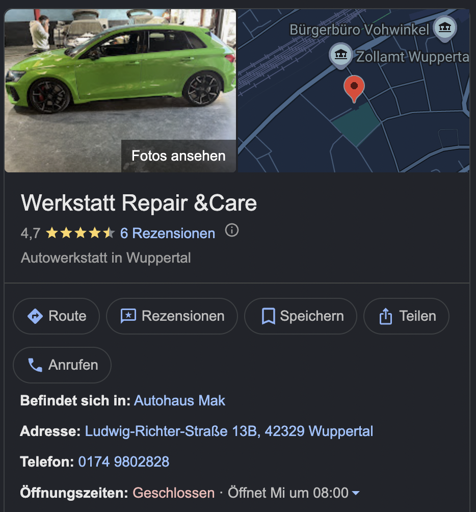 Repair & Care Wuppertal – Google-Eintrag vorher